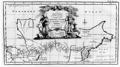 Kaart van de route genomen door Vitus Bering door Siberië naar Kamtsjatka, uit Navigantium atque Itinerantium Bibliotheca, gepubliceerd in 1744 door English School