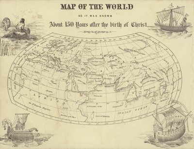 Kaart van de wereld zoals die ongeveer 150 jaar na de geboorte van Christus bekend was door English School