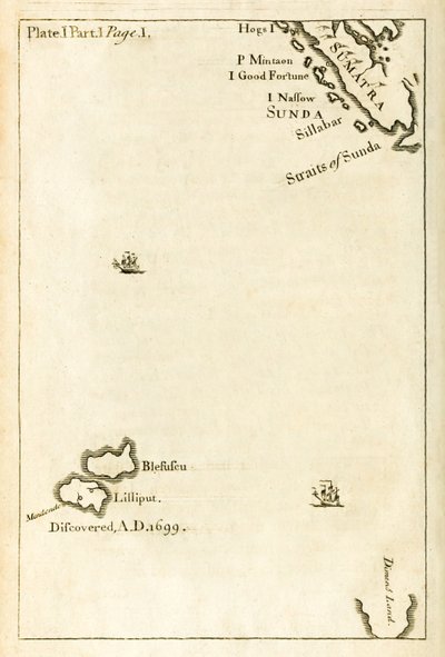 Kaart met de locatie van Lilliput uit de eerste editie van Reizen naar verschillende afgelegen landen van de wereld, beter bekend als Gullivers Reizen door Jonathan Swift door English School