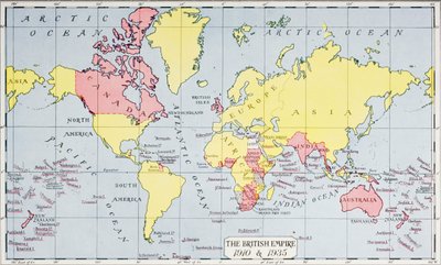 Kaart die het rijk van de Koning toont, in rood, in 1910 en 1935, uit 