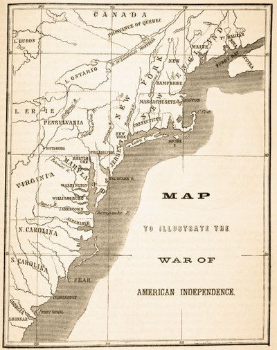 Kaart ter illustratie van de Amerikaanse Onafhankelijkheidsoorlog, uit 