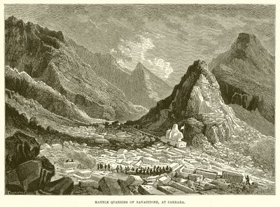 Marmergroeven van Ravaccione, bij Carrara (gravure) door English School