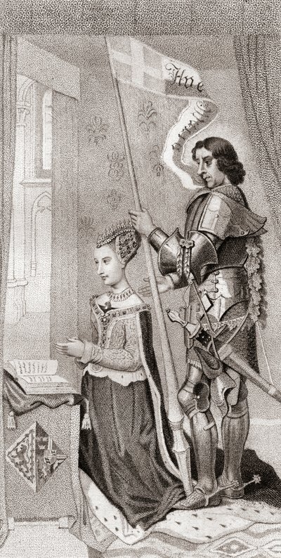 Margaretha van Denemarken met St. Canute, patroonheilige van Denemarken, achter haar met een banier met het kruis van de kruistochten door English School