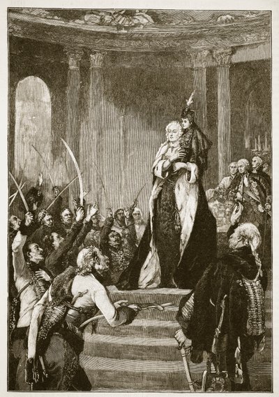 Maria Theresia en het Hongaarse parlement, illustratie uit Cassells Illustrated History of England door English School