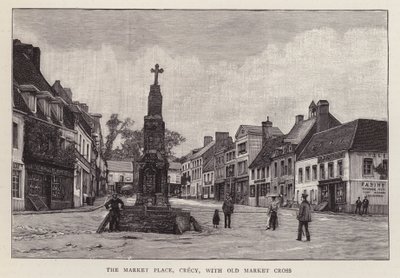 Marktplaats, Crecy, Frankrijk, met het oude marktkruis door English School