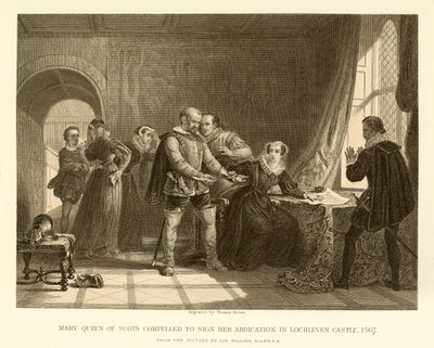 Mary Queen of Scots gedwongen haar troonsafstand te ondertekenen in Lochleven Castle door English School