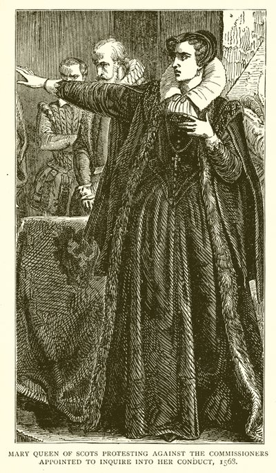 Mary Queen of Scots protesteert tegen de commissarissen die zijn aangesteld om haar gedrag te onderzoeken, 1568 door English School