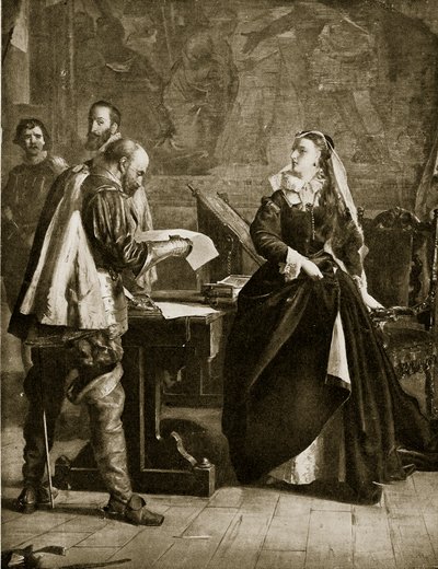 Mary Queen of Scots ondertekent haar abdicatie, juli 1567, illustratie uit Hutchinsons Story of the British Nation, ca. 1923 door English School