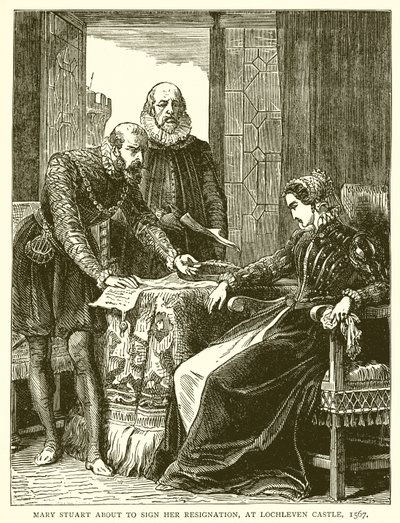 Mary Stuart tekent haar Ontslag, in Kasteel Lochleven, 1567 door English School