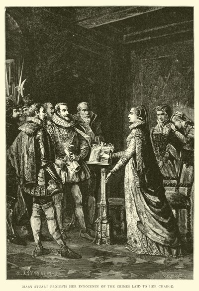Maria Stuart protesteert haar onschuld van de beschuldigingen door English School