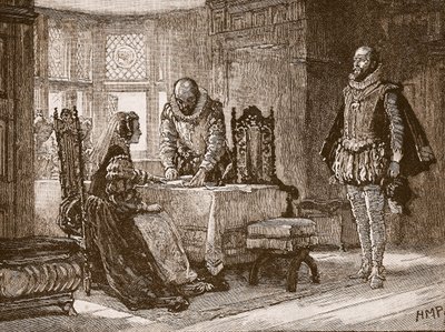 Mary ondertekent de akte van troonsafstand in Lochleven Castle, illustratie uit Cassells Geïllustreerde Geschiedenis van Engeland door English School