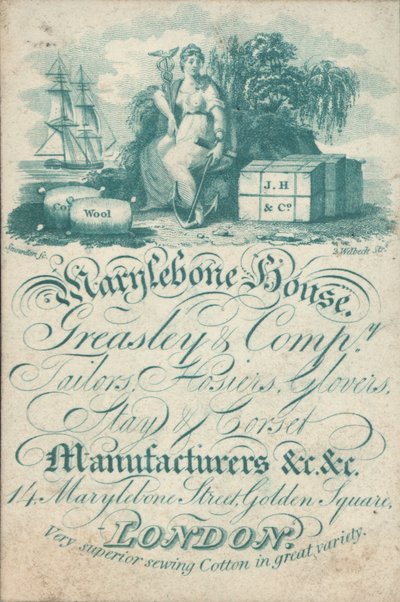 Marylebone House, Greasley & Co, kleermakers, hosiers, handschoenmakers, korsetfabrikanten, 14 Marylebone Street, Golden Square, handelskaart door English School