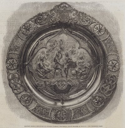 Vrijmetselaarschild aangeboden aan Generaal Ramsay, Provinciaal Grootmeester van Bengalen (gravure) door English School