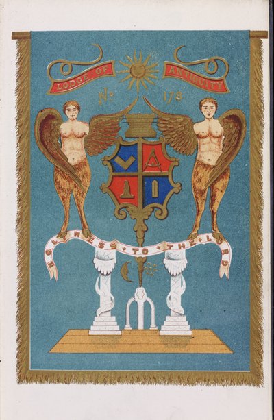 Embleem van de vrijmetselaarsloge met wapenschild en engelen door English School