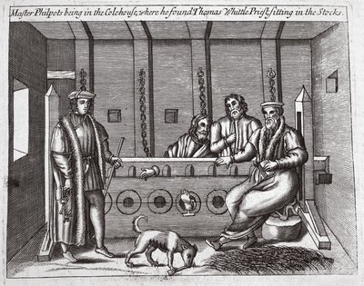 Meester Philpots in het Colehouse, waar hij Thomas Whittle, priester, in de boeien vond, illustratie uit Handelingen en Monumenten van John Foxe, negende editie, uitgegeven 1684 door English School