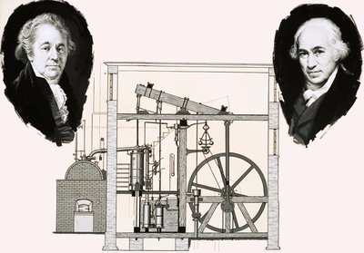 Matthew Boulton en James Watt met een van de gepatenteerde stoommachines door English School