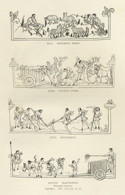 Mei, Juni, Juli en Augustus, uit The Julius Calendar and Hymnal, illustratie uit History of the English People door English School