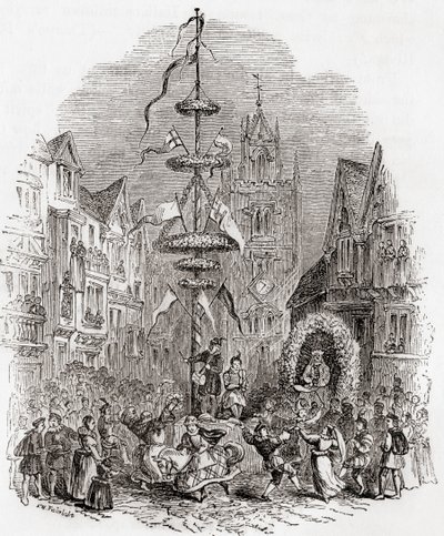 Meiboomdansen voor de St Andrew Undershaft Kerk, Londen, Engeland in de 19e eeuw, uit Old England: A Pictorial Museum, uitgegeven 1847 door English School
