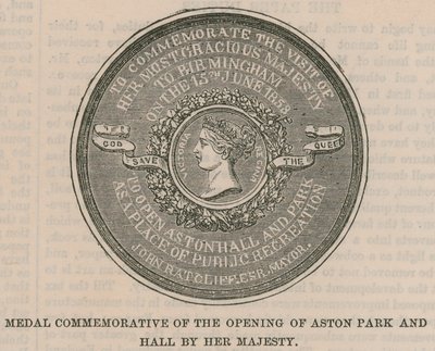 Medaille ter herdenking van de opening van Aston Park en Hall door Hare Majesteit door English School