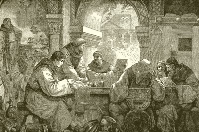 Middeleeuwse cultuur - Monniken in een klooster die boeken verlichten en overschrijven door English School