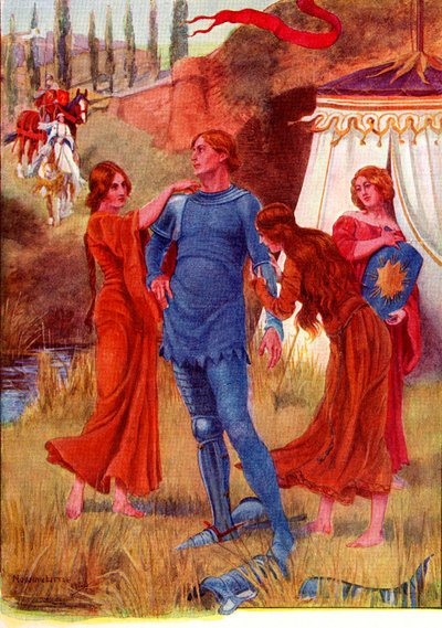 Middeleeuwse Ridder, Morgenster wordt klaargemaakt voor de Strijd. Gekleurde illustratie uit het verhaal van Gareth en Lynette uit het boek The Gateway to Tennyson gepubliceerd in 1910. door English School