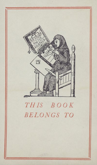 Middeleeuwse schrijver die aan een manuscript werkt, boekbezitlabel (kleur litho) door English School