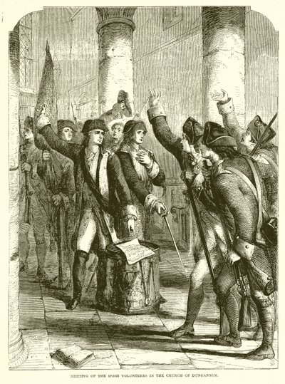 Bijeenkomst van de Ierse vrijwilligers in de kerk van Dungannon door English School