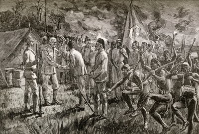 Mehmet Emin Pasha en Gaetano Casati arriveren bij het kamp van Sir Henry Morton Stanley aan de oever van het Albertmeer in 1889 door English School