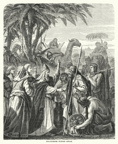 Melchizedek zegent Abram (gravure) door English School