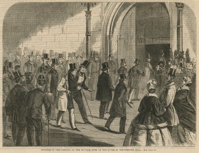 Leden van het Lagerhuis bij de privéd deur van het Huis in Westminster Hall door English School