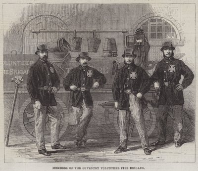 Leden van de Coventry Vrijwillige Brandweer (gravure) door English School