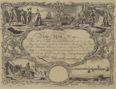 Lidmaatschapsbewijs van de New York Marine Society, 1773 door English School