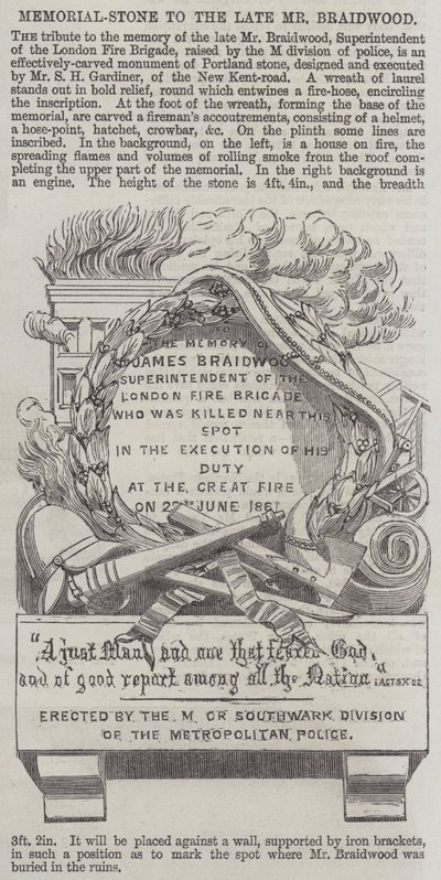Gedenksteen voor wijlen Mr Braidwood (gravure) door English School