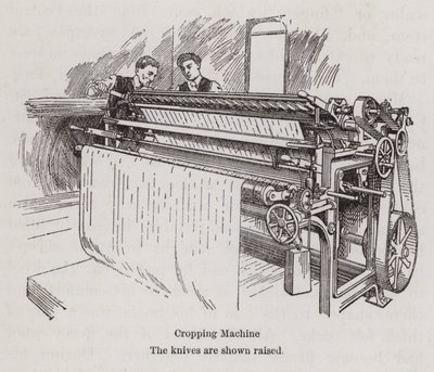 Mannen werken aan een textielknipmachine (litho) door English School