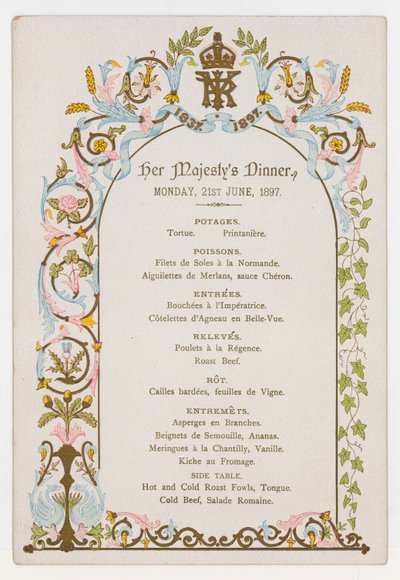 Menu voor het diner van koningin Victoria op maandag 21 juni 1897, de dag voor haar diamanten jubileum door English School