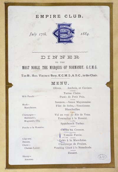 Menu van de Empire Club, 17 maart 1884 door English School