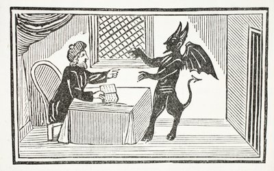Mephistopheles komt naar het huis van de Dokter, illustratie uit Chap-books of the Eighteenth Century door John Ashton, gepubliceerd 1882 door English School