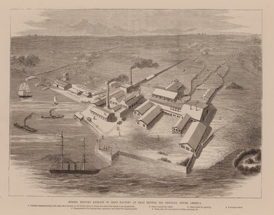 Extract van de vleesfabriek van de heren Benites in Fray Bentos, Rio Uruguay, Zuid-Amerika (gravure) door English School