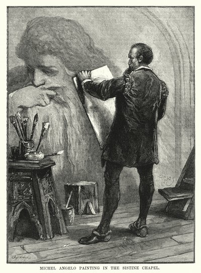 Michel Angelo schildert in de Sixtijnse Kapel door English School