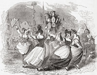 Melkmeisjesdans, met stapel borden, May Day, Engeland, uit Old England: A Pictorial Museum, pub. 1847 door English School