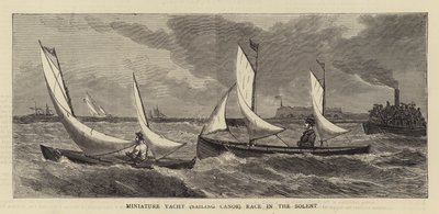 Miniatuurjacht (zeilkano) race in de Solent (gravure) door English School