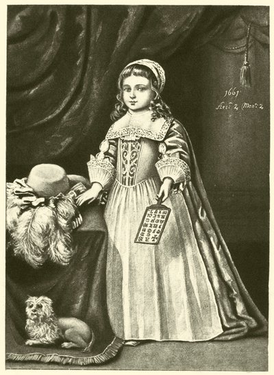 Miss Campion, met een Hoornboek (gravure) door English School