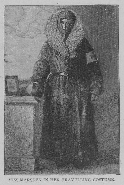 Miss Marsden in haar reiskostuum (gravure) door English School
