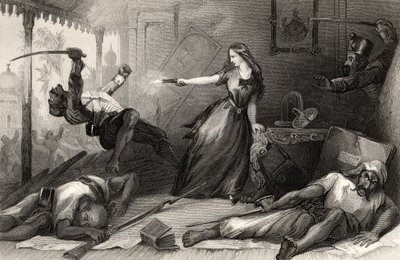 Miss Wheeler die zichzelf verdedigt tegen Sepoys in Cawnpore in 1857, uit 