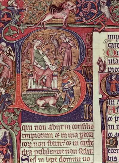 Mms 9961-2 Historiated Initial B uit de Peterborough Psalter met een afbeelding van koning David die de harp bespeelt, Engels, c.1310-20 door English School