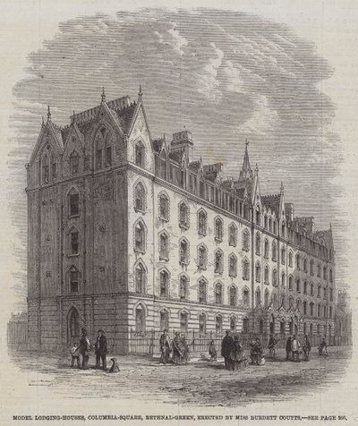 Modelwoningen, Columbia-Square, Bethnal-Green, opgericht door Miss Burdett Coutts (gravure) door English School
