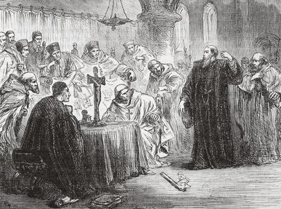 Mollio gooit zijn fakkel neer voor de Inquisitie, illustratie uit De Geschiedenis van het Protestantisme door James Aitken Wylie, gepubliceerd in 1878 door English School