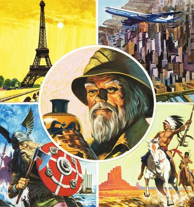 Montage inclusief Eiffeltoren, vliegtuig, Vikingkrijger, Indiaan en archeoloog door English School