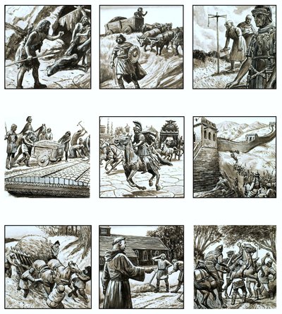 Montage van afbeeldingen over de geschiedenis van wegen door English School