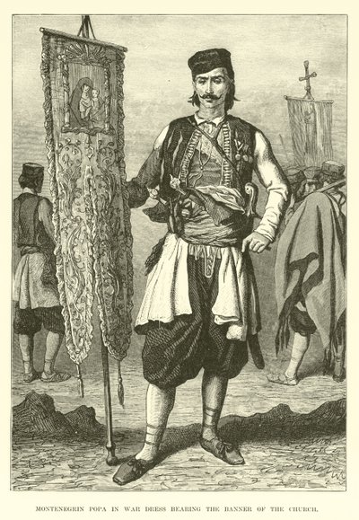 Montenegrijnse Popa in oorlogskleding met de banier van de kerk door English School